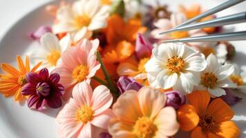 Close Up of Colorful Flowers with Metal Tools photo