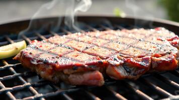 Close up of juicy steak grilling on a barbecue grill photo