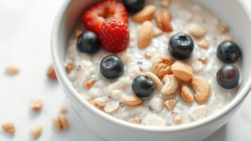 Closeup of Delicious Oatmeal with Berries and Nuts photo