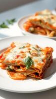 Close Up of a Delicious Lasagna with Basil and Tomato Sauce on a White Plate photo