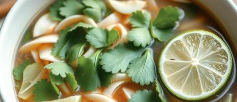 Close-up of a bowl of soup with fresh cilantro and a lime wedge photo