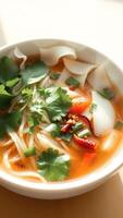 Close-up of a bowl of Asian soup with noodles, vegetables, and meat photo