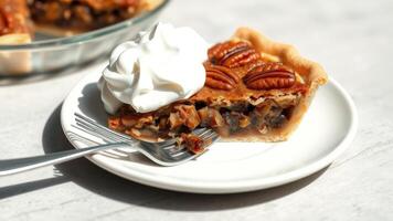 Pecan Pie Slice with Whipped Cream on White Plate photo
