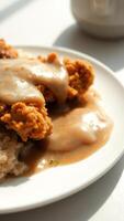 Close-up of chicken fried steak with gravy photo