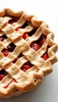 Close-up of a lattice-topped pie with a red fruit filling photo