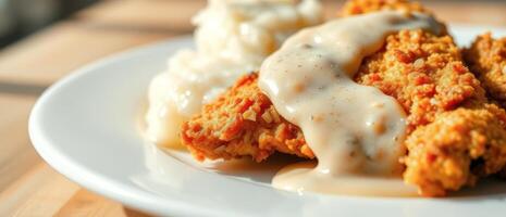 Closeup of Fried Chicken with Gravy and Mashed Potatoes photo