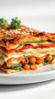 Close-up of a lasagna dish with a white background photo