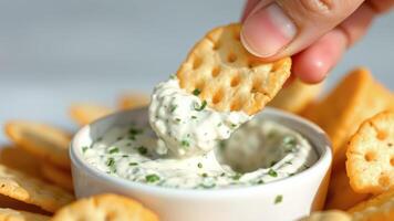 Close-up of a cracker dipped in creamy herb dip photo