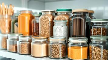 A shelf of glass jars filled with various spices and grains photo