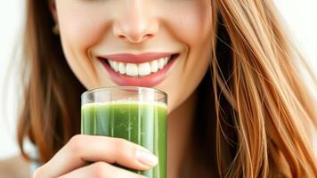 Close-up of a woman smiling while drinking a green smoothie photo