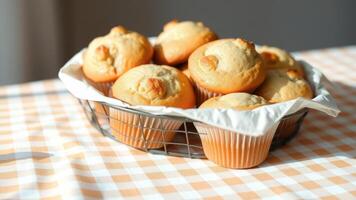 Freshly Baked Muffins in a Wire Basket photo