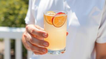 Closeup of hand holding a refreshing summer drink with lemon and apple slices photo