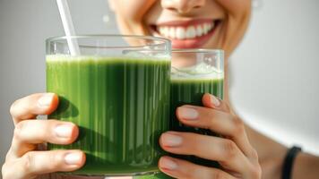 Close-up of a woman's hand holding a glass of green juice with a straw photo