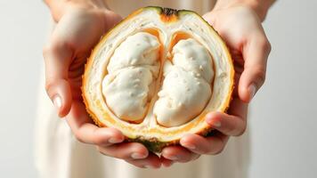 Close-up of Hands Holding a Freshly Opened Cacao Pod photo