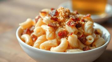 Close up of macaroni and cheese with bacon and breadcrumbs photo