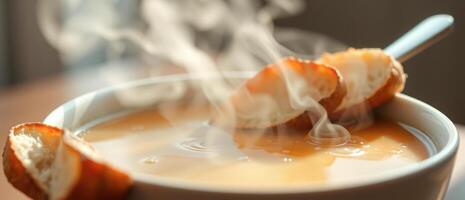 Closeup of a bowl of soup with a piece of bread dipped in it photo