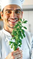 Close-up of a chef's hand holding a sprig of basil photo
