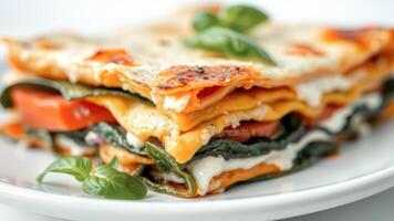 Closeup of a Lasagna Slice with Spinach and Tomato photo