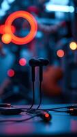 Wireless earbuds with charging case on a table with colorful bokeh lights in the background photo