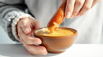Close-up of a hand dipping a sausage into a bowl of mustard photo