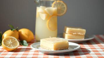 Lemon bars on a checkered tablecloth with a pitcher of lemonade in the background photo