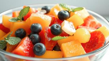 Close-up of a fresh fruit salad with blueberries and mint leaves photo