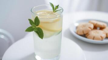 Glass of Lemonade with Mint and Lemon Slices photo