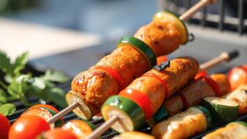 Close Up Of Grilled Skewers With Zucchini And Tomatoes photo