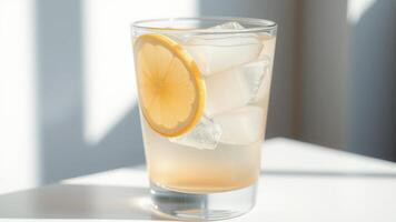 Glass of Lemonade with Lemon Slice and Ice Cubes on White Table photo