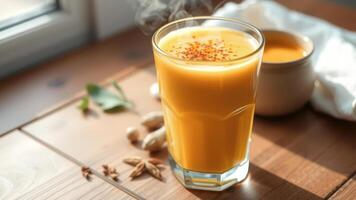 Steaming cup of turmeric latte photo