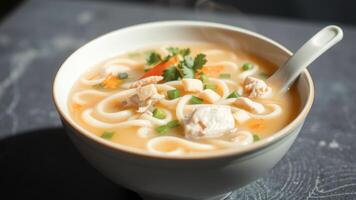 Chicken Noodle Soup in Bowl with Spoon photo