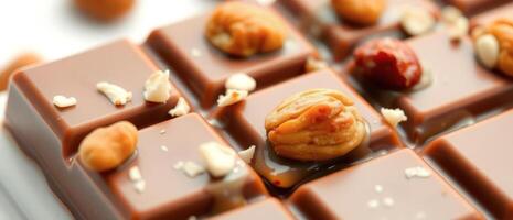 Closeup of Chocolate Bar with Nuts and Caramel photo
