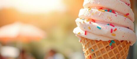 Close-up of a Soft Serve Ice Cream Cone with Sprinkles photo