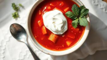 Close-up of a bowl of red soup with sour cream and fresh parsley photo