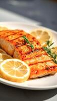 Close-up of Grilled Salmon with Lemon and Rosemary on White Plate photo