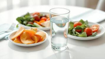 Glass of Water with Fruit Salad and Vegetable Salad on White Table photo