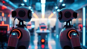 Two Robots Facing Each Other in a Futuristic Environment photo