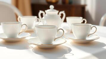 Elegant Teacups and Saucers on White Tablecloth photo