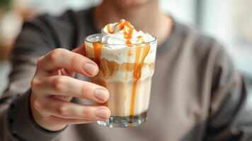 Hand Holding Iced Coffee with Caramel Drizzle photo