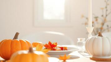 Autumnal Table Setting with Pumpkins and Fall Foliage photo