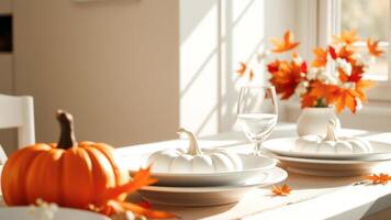 Autumn Table Setting with Pumpkins and Maple Leaves photo