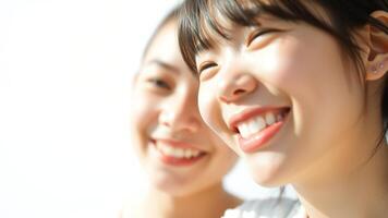 Close-up of two smiling women with bright, white teeth photo