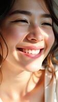 Close-up of a woman smiling with sunlight on her face photo