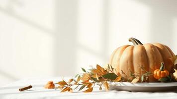 Pumpkin and fall leaves on a white table photo