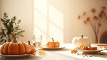 Autumnal Table Setting with Pumpkins and Wine Glass photo