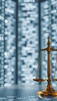 Golden Scales of Justice on Abstract Data Background photo