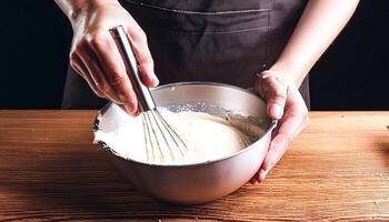 Close-up of Hands Mixing Cream in a Bowl with a Whisk photo