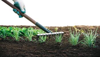 Close-up of a hand raking soil in a garden photo