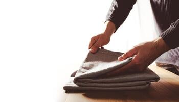 Man Folds a Towel on Wooden Table photo