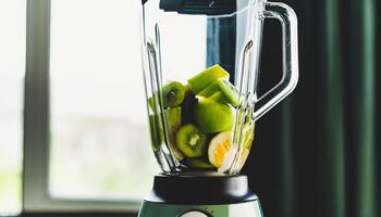 Close Up of Kiwi and Lemon Slices in Blender photo